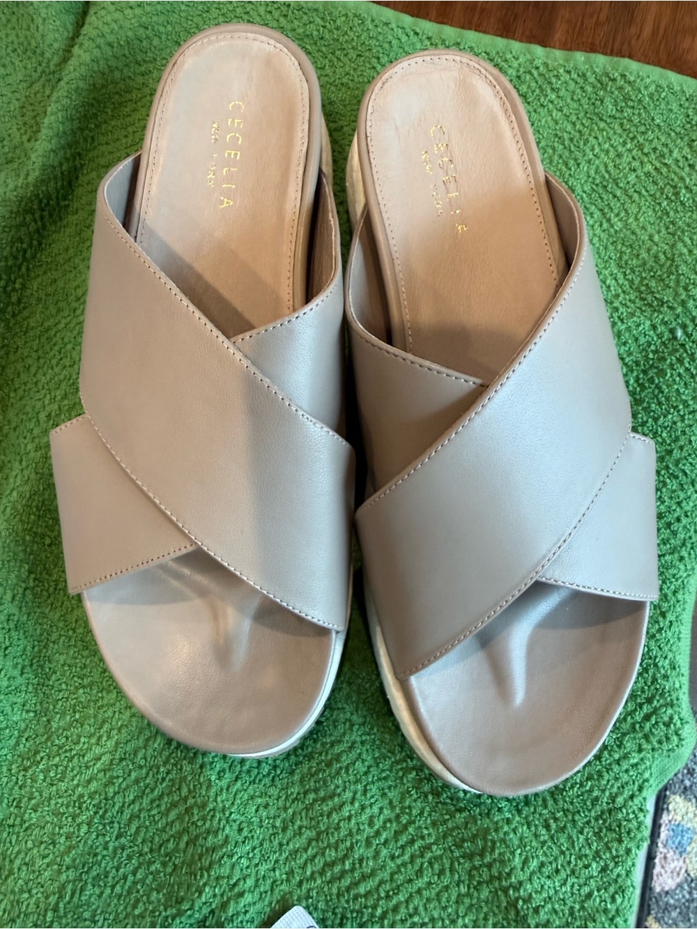 CECILIA NEW YORK Taupe Crisscross Slide Mules
